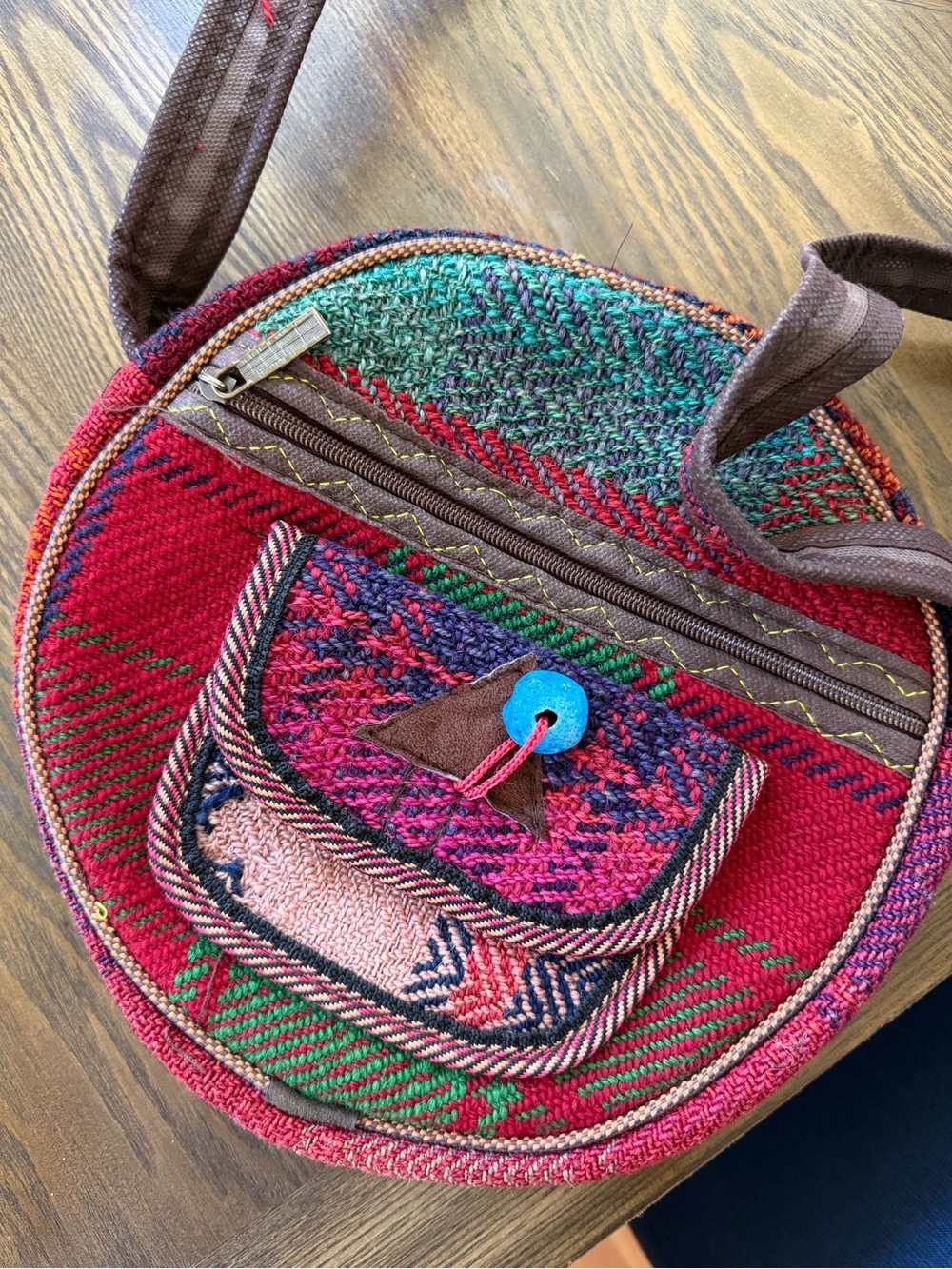 Round Handwoven Crossbody Bag in Red and Multicolor